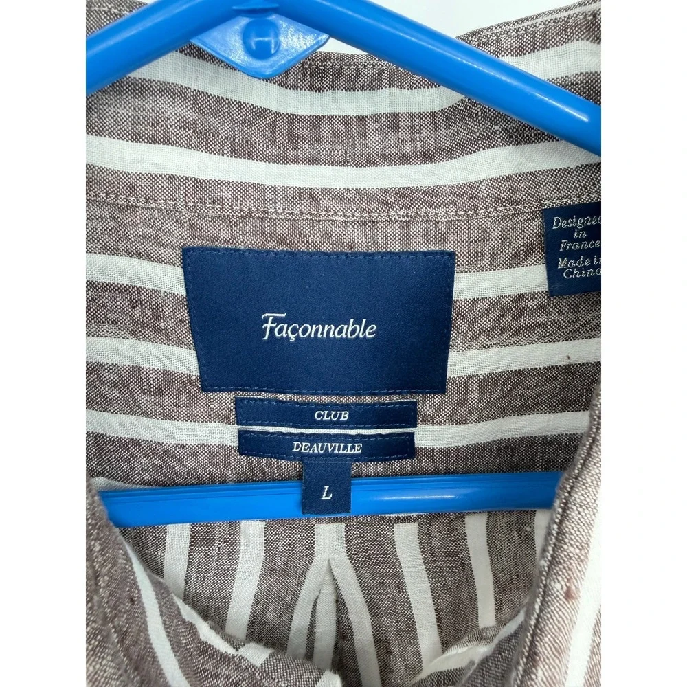 Faconnable Club Deauville Brown/Tan White Striped 100% Linen Shirt Mens Large